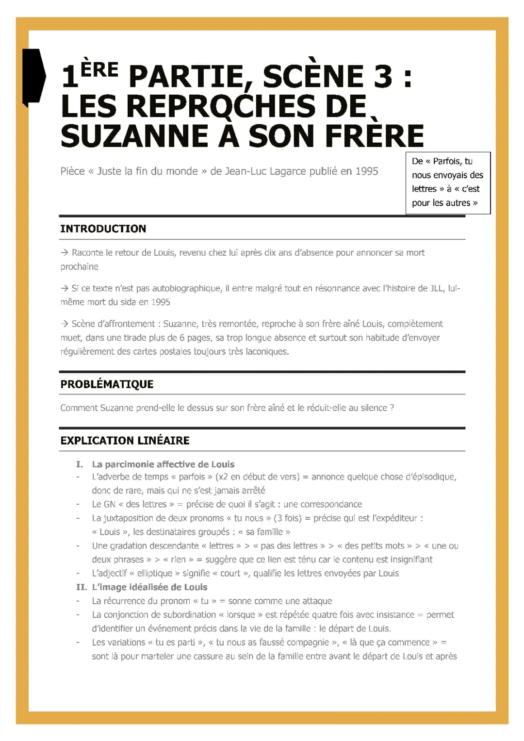 Analyse linéaire de Juste la fin du monde Partie 1 Scène 3 et texte PDF