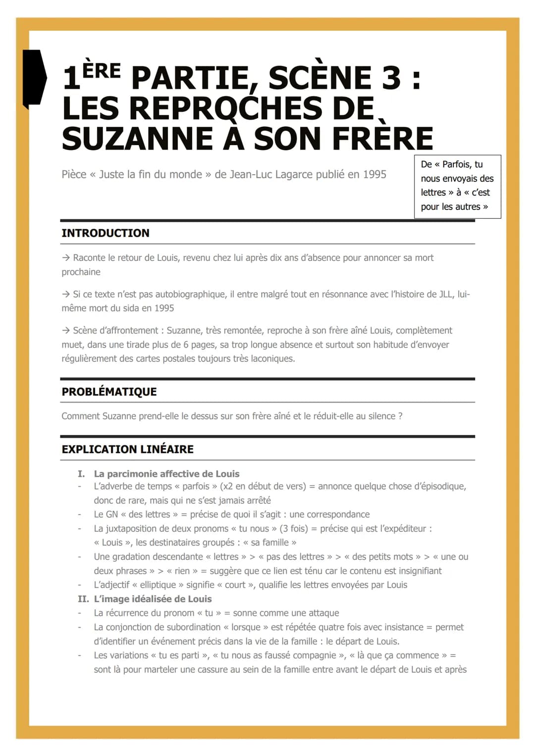 1ÈRE PARTIE, SCÈNE 3 :
LES REPROCHES DE
SUZANNE À SON FRÈRE
Pièce << Juste la fin du monde » de Jean-Luc Lagarce publié en 1995
INTRODUCTION