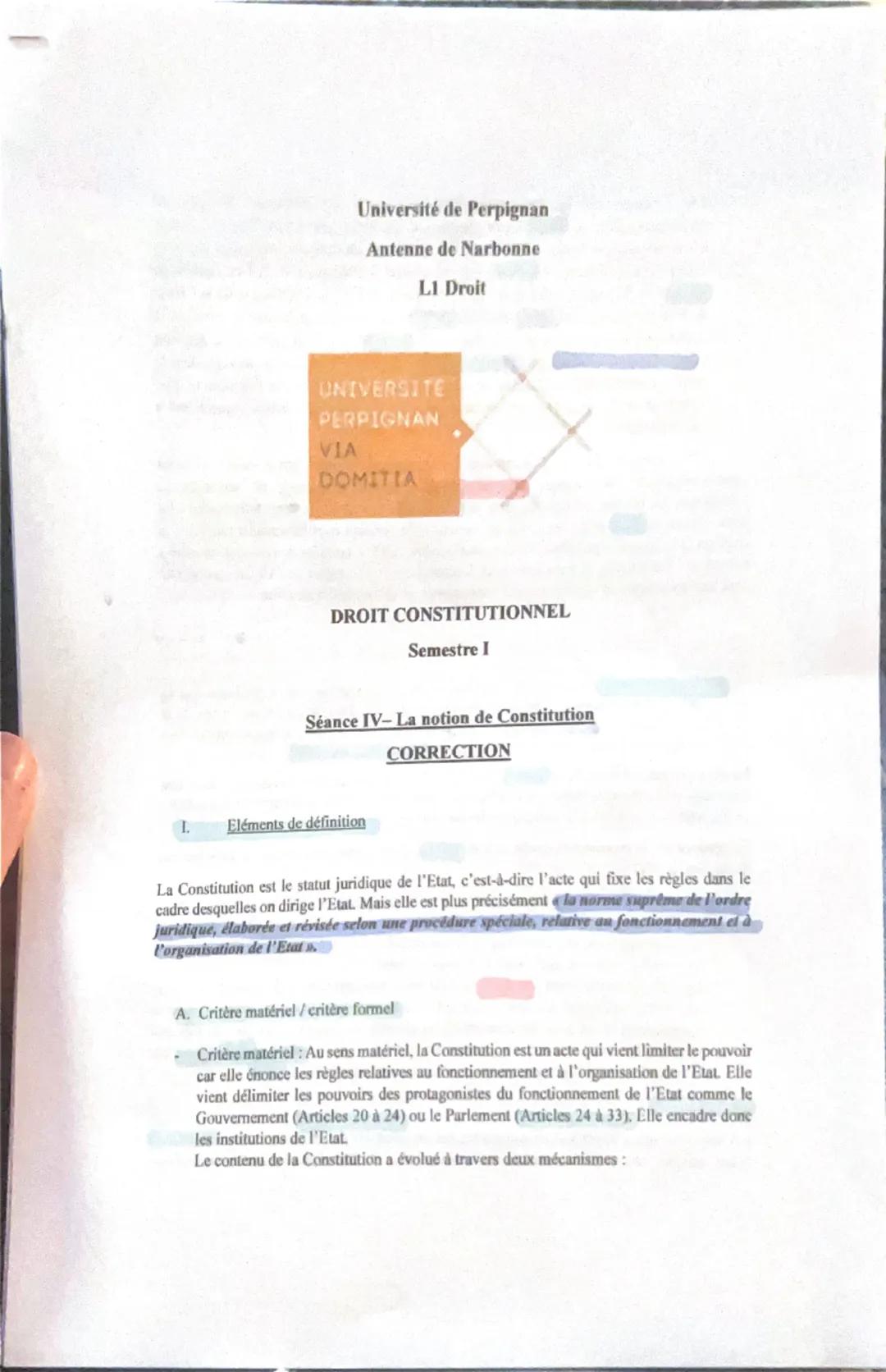 Université de Perpignan
Antenne de Narbonne
L1 Droit

UNIVERSITE
PERPIGNAN
VIA
DOMITIA

DROIT CONSTITUTIONNEL
Semestre I

Séance IV- La noti