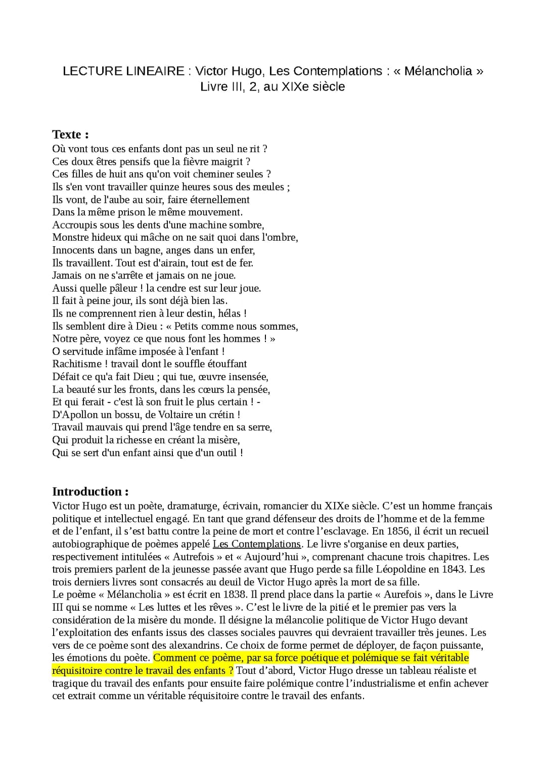 Lecture Linéaire « Mélancholia », Les Contemplations 