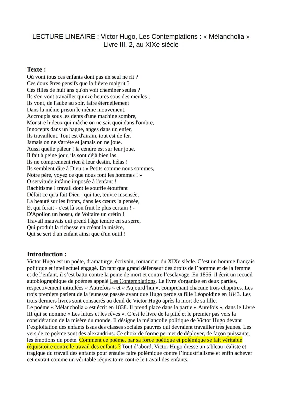 LECTURE LINEAIRE: Victor Hugo, Les Contemplations : « Mélancholia >>
Livre III, 2, au XIXe siècle
Texte:
Où vont tous ces enfants dont pas u