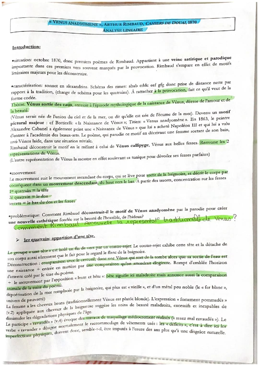 Introduction:
VENUS ANADYOMENE », ARTHUR RIMBAUD, CAHIERS DE DOUAI, 1870
ANALYSE LINEAIRE
situation: octobre 1870, donc premiers poèmes de R