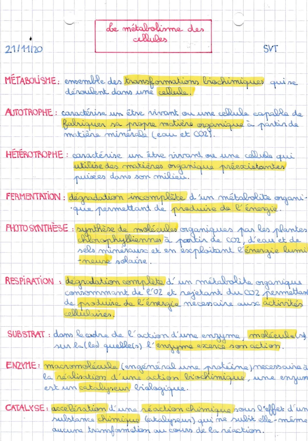 21/11/20
Le métabolisme des.
cellules
METABOLISME ensemble des transformations biochimiques quise
déroulent dans une cellule.
AUTOTROPHE: ca