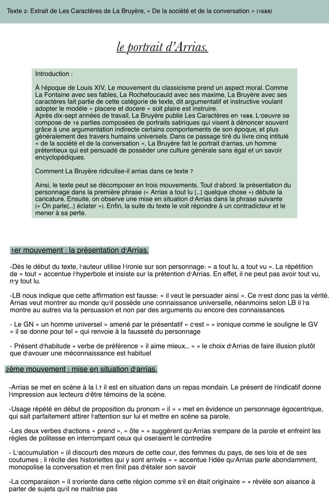 Analyse linéaire du portrait d'Arrias - La Bruyère | Résumé et commentaire du texte (PDF)