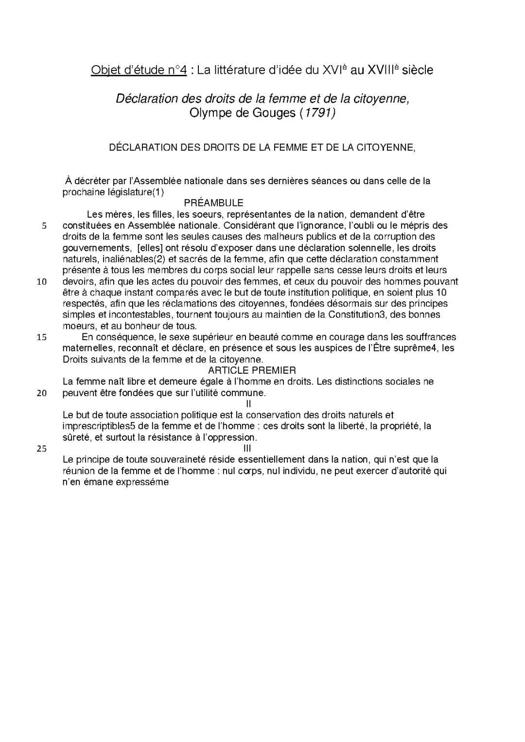 Analyse Linéaire DDFC : Préambule et Articles 1, 2, 3 d’Olympe de Gouges