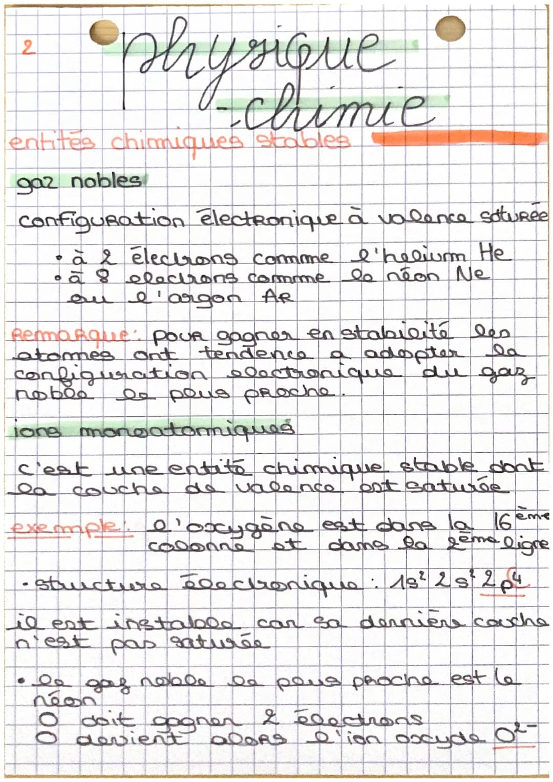 2
physique
-chimie
entités chimiques stables
gaz nobles
Configuration electronique à valence saturée
•à 2 électrons comme l'helium He
•à 8 e