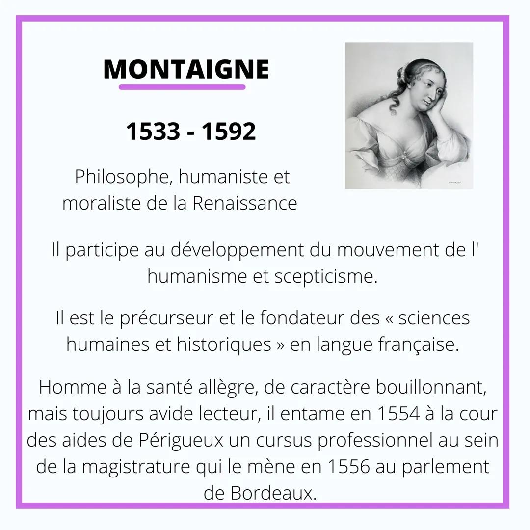 FRANCAIS

MICHEL
DE MONTAIGNE MONTAIGNE

1533-1592

Philosophe, humaniste et
moraliste de la Renaissance

Il participe au développement du m