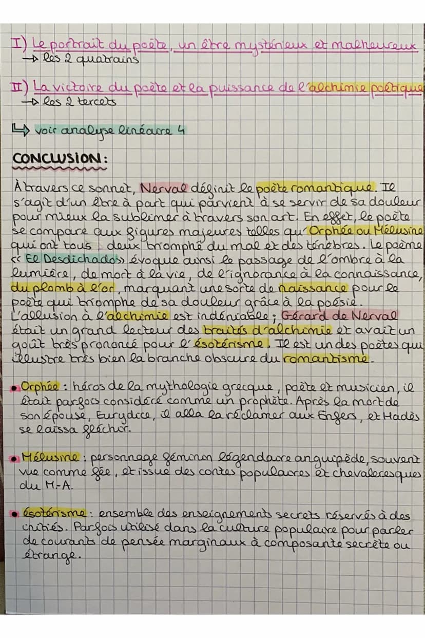 I) Le portrait du poète, un être mystérieux et malheureux
A les 2 quatrains
II) La victoire du poète et la puissance de l'alchimie poétique
