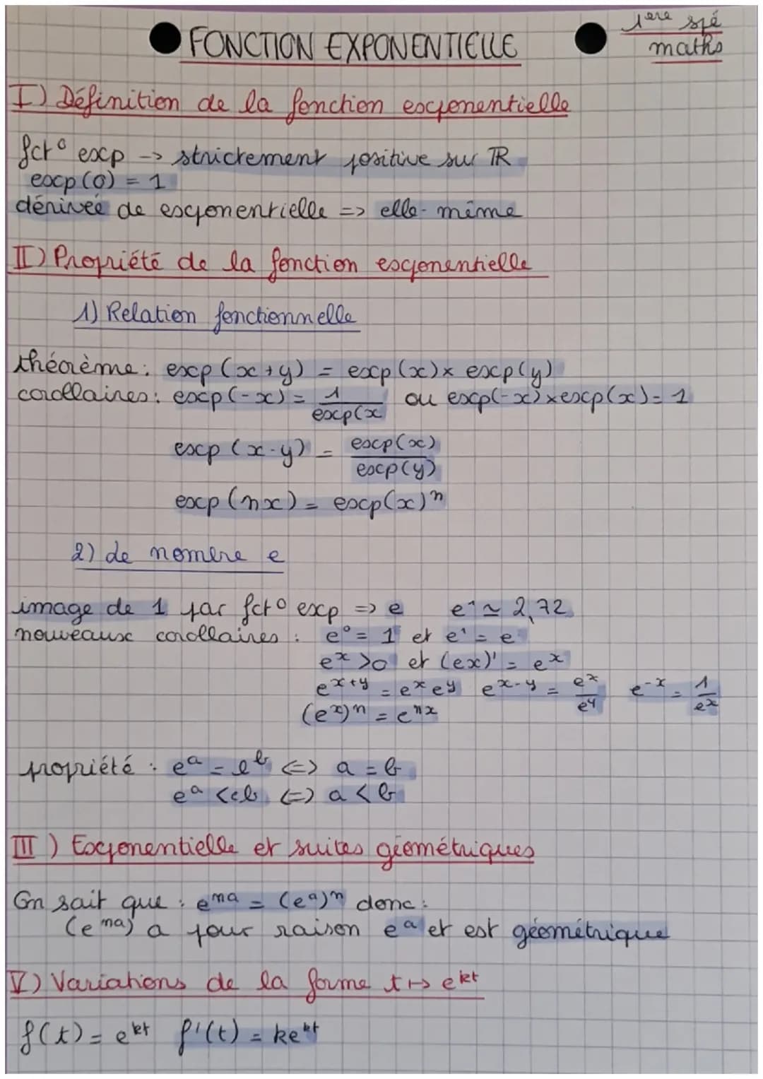 FONCTION EXPONENTIELLE
I) Définition de la fonction exponentielle
fct exp strictement positive sur TR
->
escp (0) = 1
dérivée de exponentiel