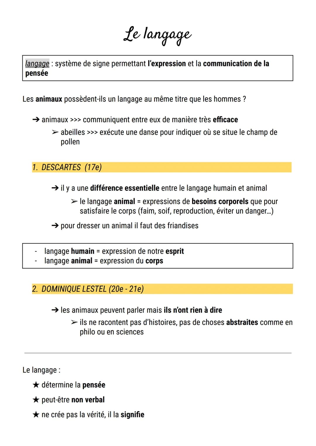 Le langage
langage système de signe permettant l'expression et la communication de la
pensée
Les animaux possèdent-ils un langage au même ti