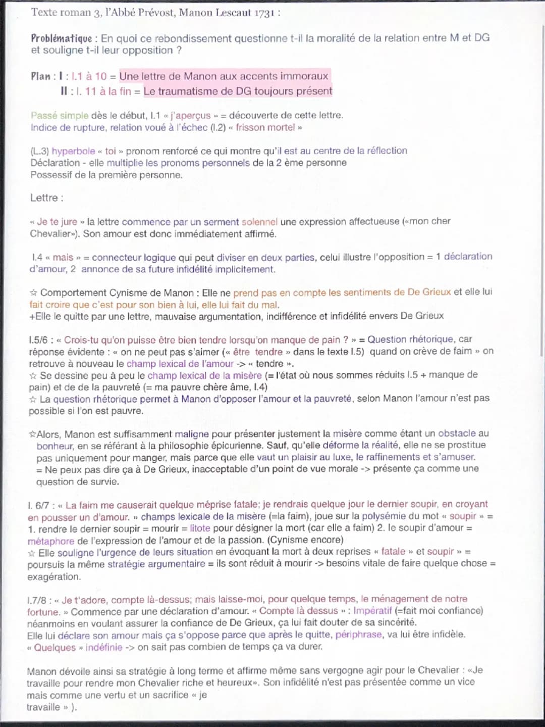 Texte roman 3, l'Abbé Prévost, Manon Lescaut 1731 :
Problématique : En quoi ce rebondissement questionne t-il la moralité de la relation ent