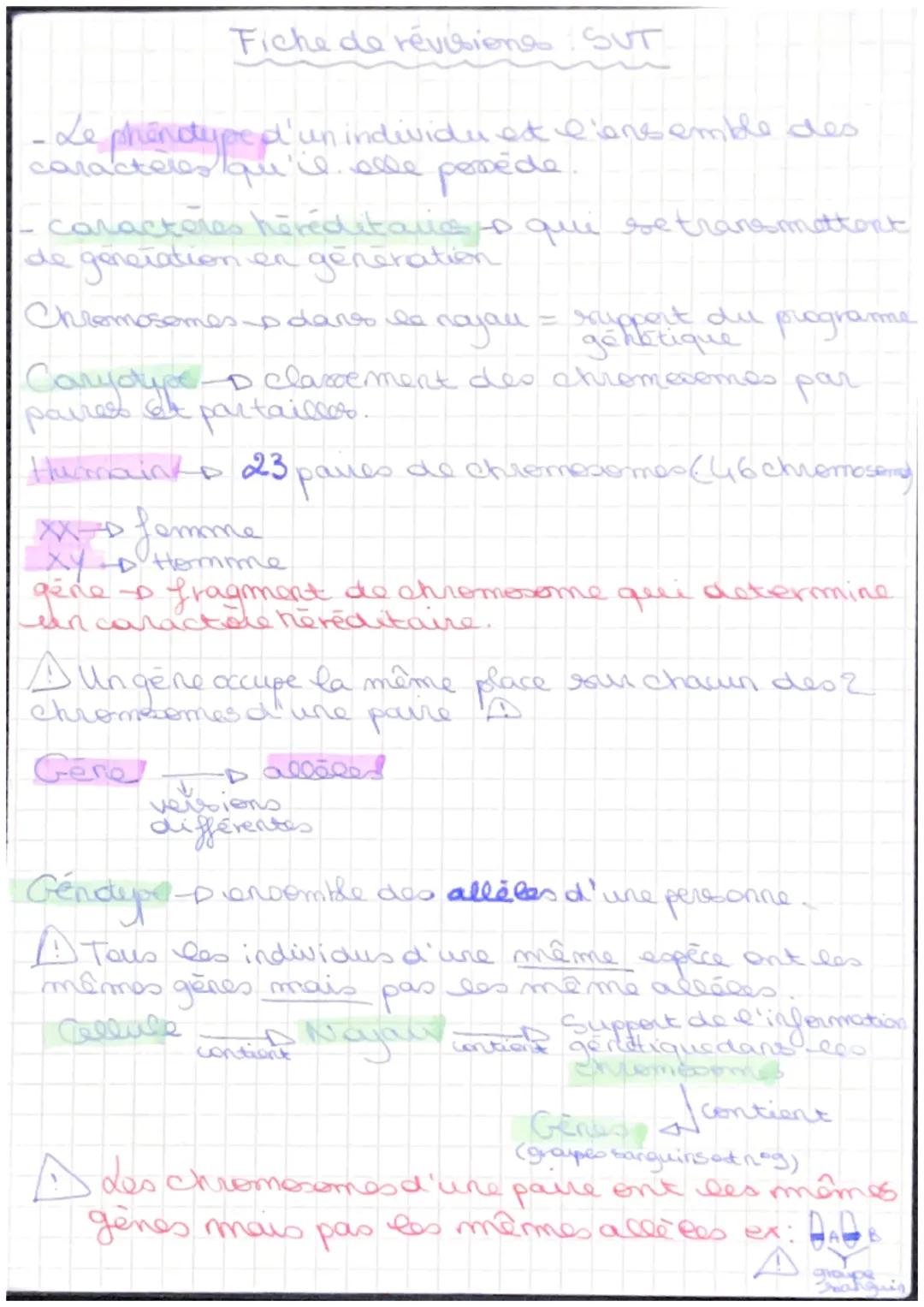 # Fiche de révisiones SUT

- Le phenotype d'un individu et l'ensemble des
caracteres qu'il elle permède.

- caractères héréditaristo que se 