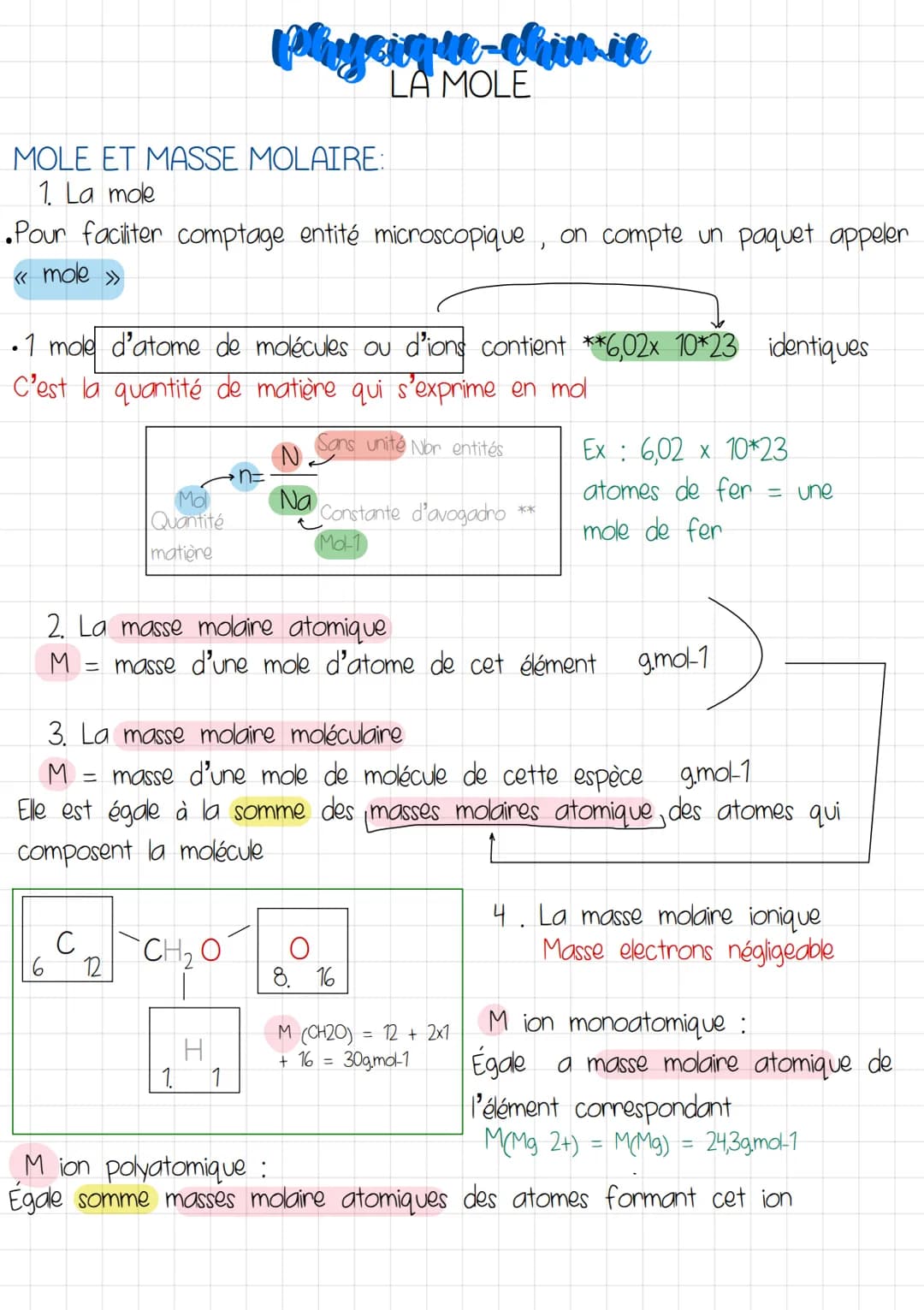 MOLE ET MASSE MOLAIRE:
1. La mole
Pour faciliter comptage entité microscopique, on compte un paquet appeler
<< mole >>
• 1 mole d'atome de m