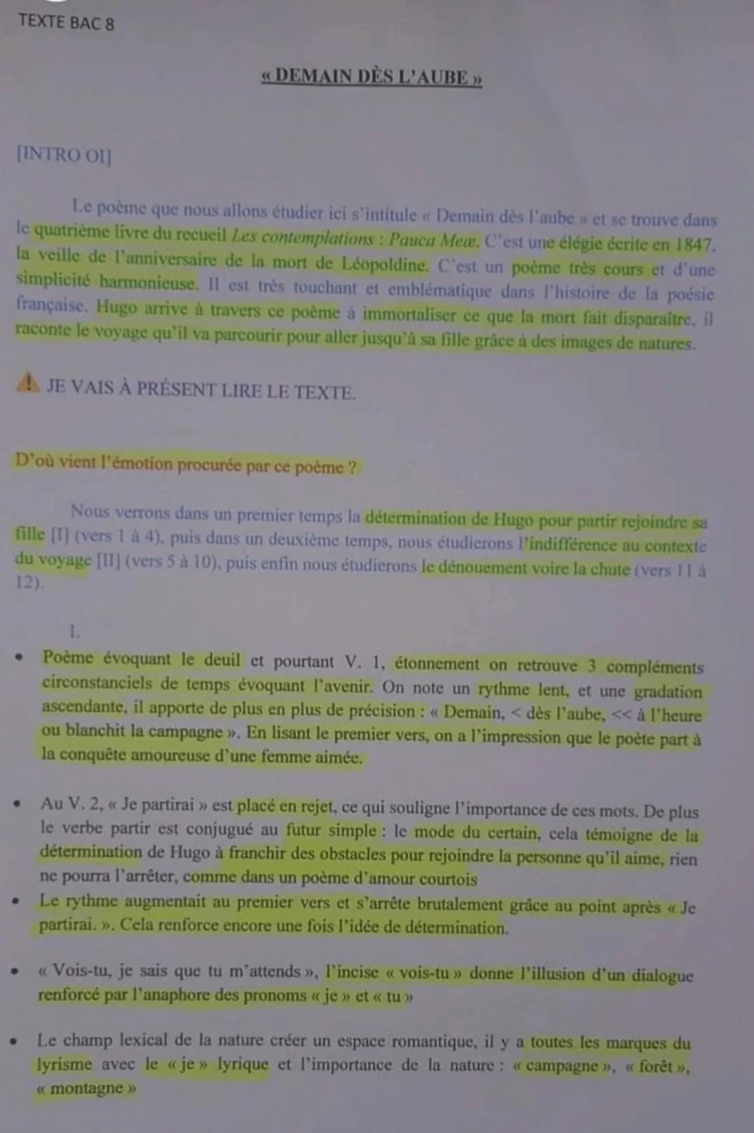 TEXTE BAC 8
[INTRO OI]
Le poème que nous allons étudier ici s'intitule « Demain dès l'aube » et se trouve dans
le quatrième livre du recueil