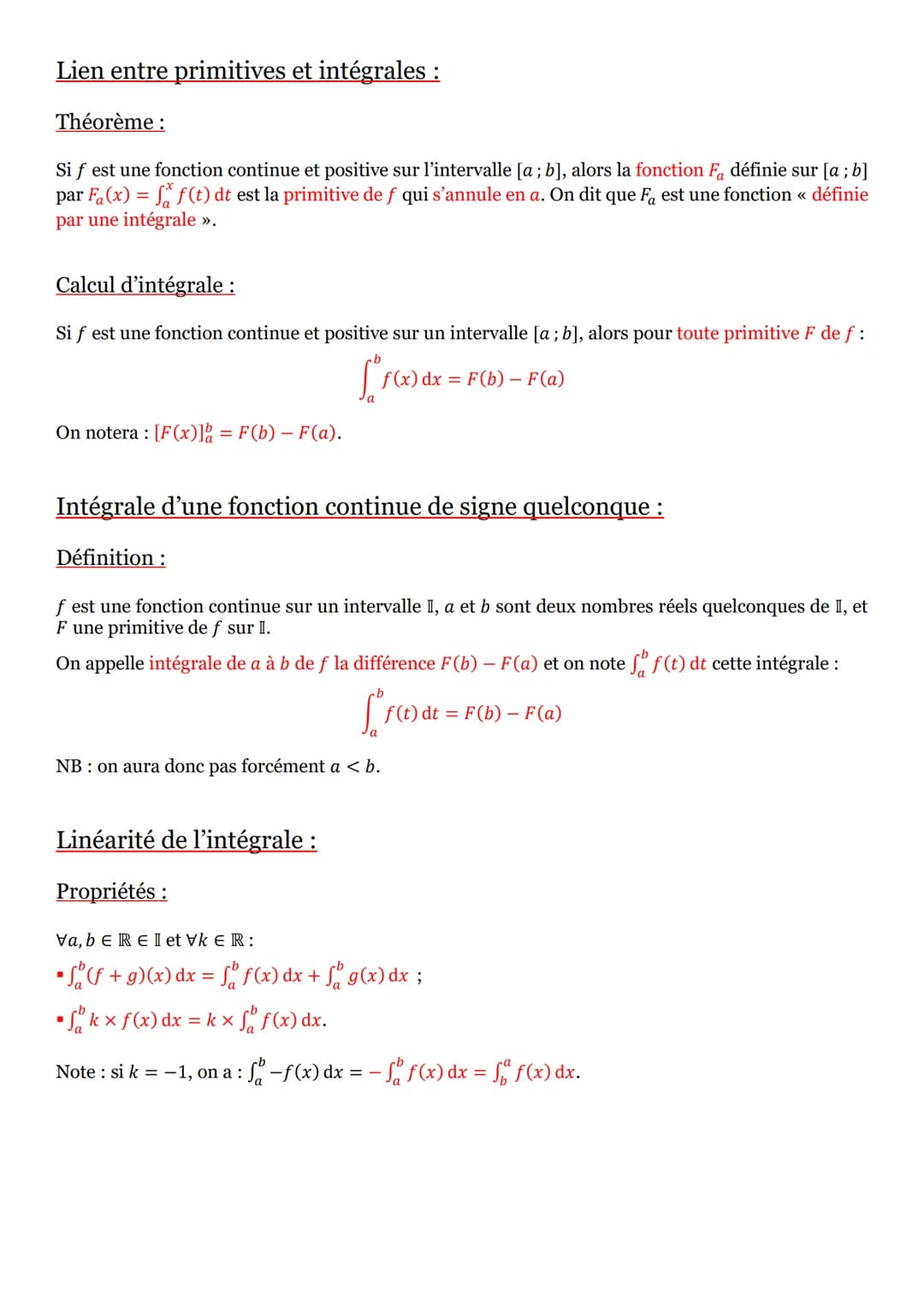 Intégrale d'une fonction continue positive :
f est une fonction définie, continue et positive sur un intervalle [a; b], et on note Cf sa cou