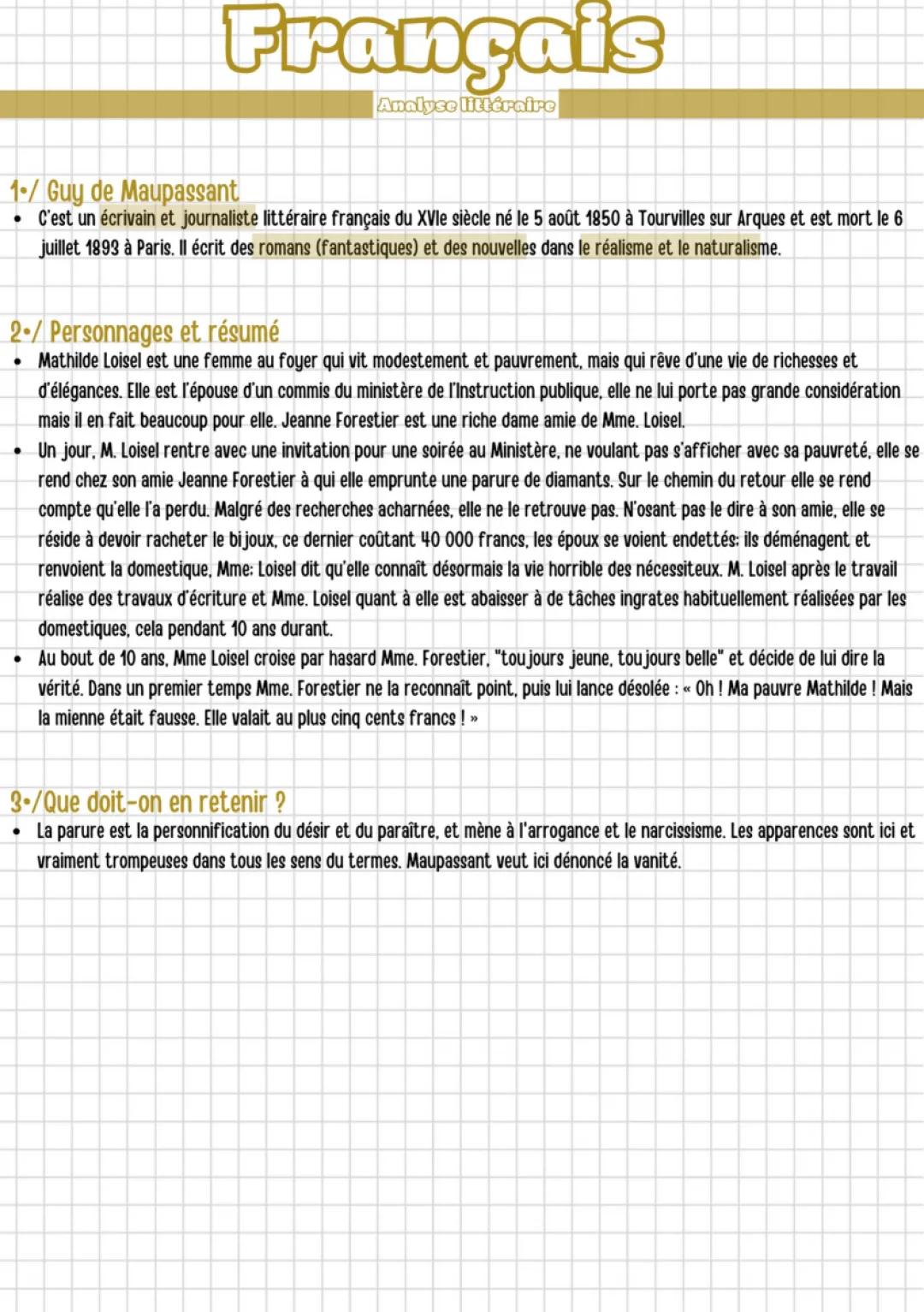 La Parure Maupassant Analyse 4ème : Résumé, Questionnaire Corrigé, PDF