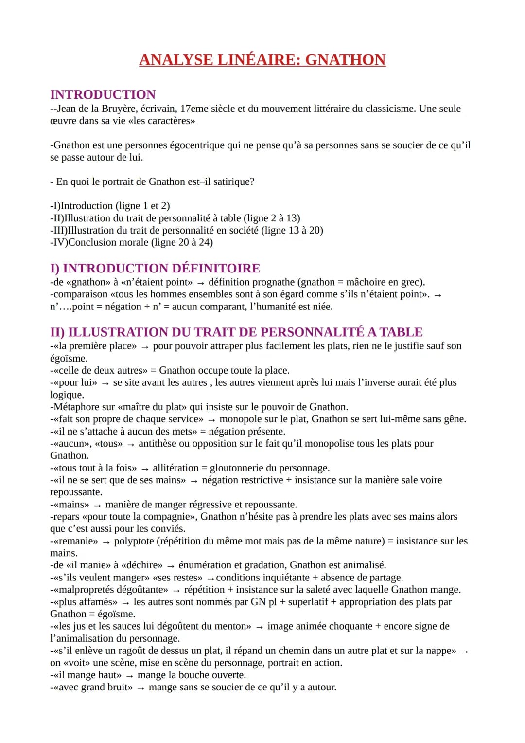 ANALYSE LINÉAIRE: GNATHON
INTRODUCTION
--Jean de la Bruyère, écrivain, 17eme siècle et du mouvement littéraire du classicisme. Une seule
œuv