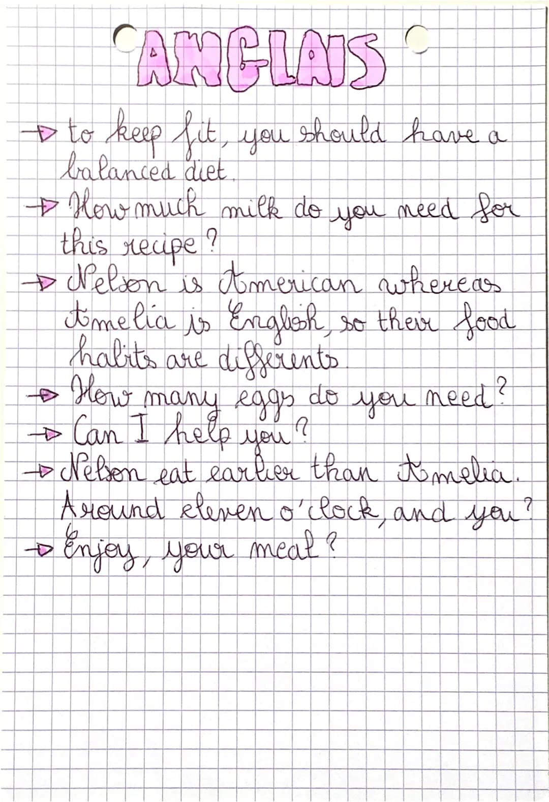 ANGLAIS
> to keep fit, you
balanced diet
+ How much milk do
should have a
you need for
this recipe ?
→ Nelson is American whereas
tomelia is