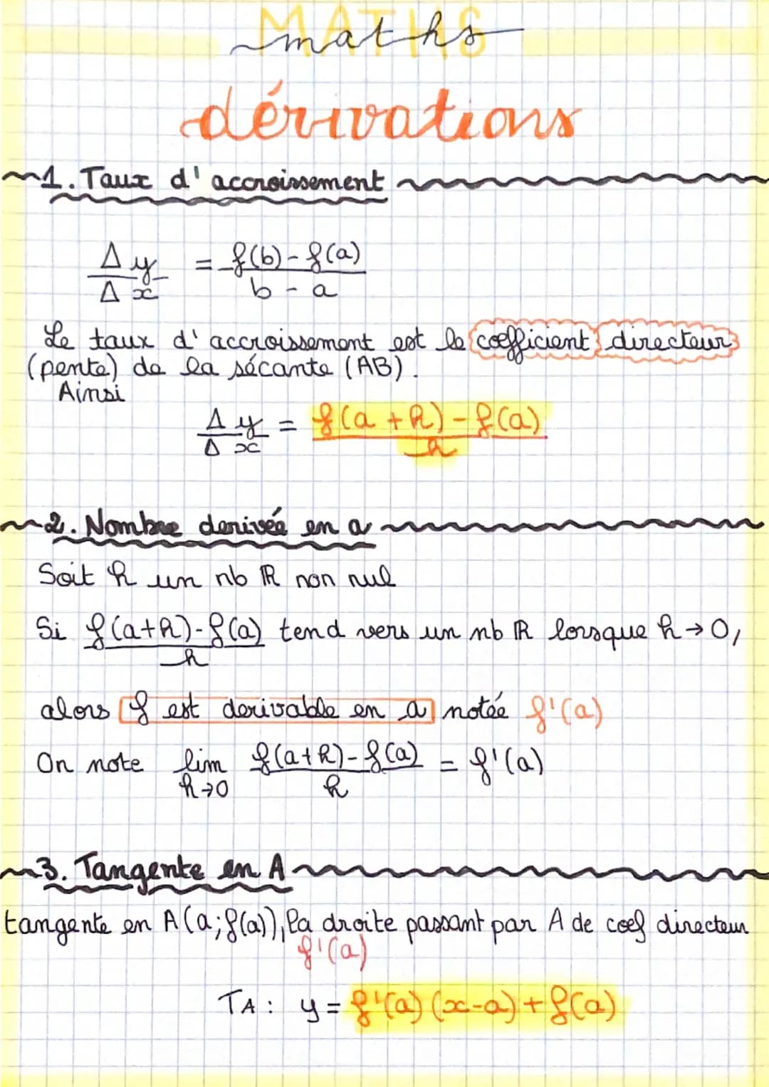 maths
dérivations
~1. Taux d'accroissement
Sy = f(b)-f(a)
Ax
b
a
Le taux d'accroissement est le coefficient directeur
(pente) de la sécante 