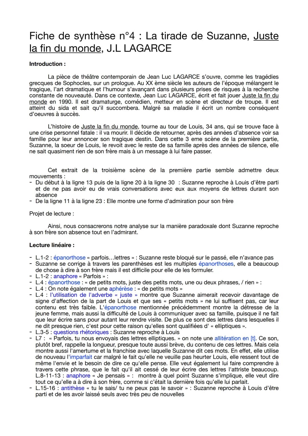 Fiche de synthèse n°4 : La tirade de Suzanne, Juste
la fin du monde, J.L LAGARCE
Introduction :
La pièce de théâtre contemporain de Jean Luc