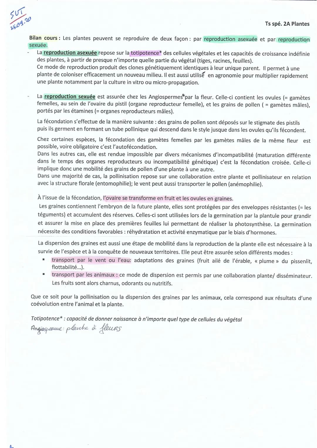 SUT
25.09.20
Ts spé. 2A Plantes
Bilan cours Les plantes peuvent se reproduire de deux façon : par reproduction asexuée et par reproduction
s