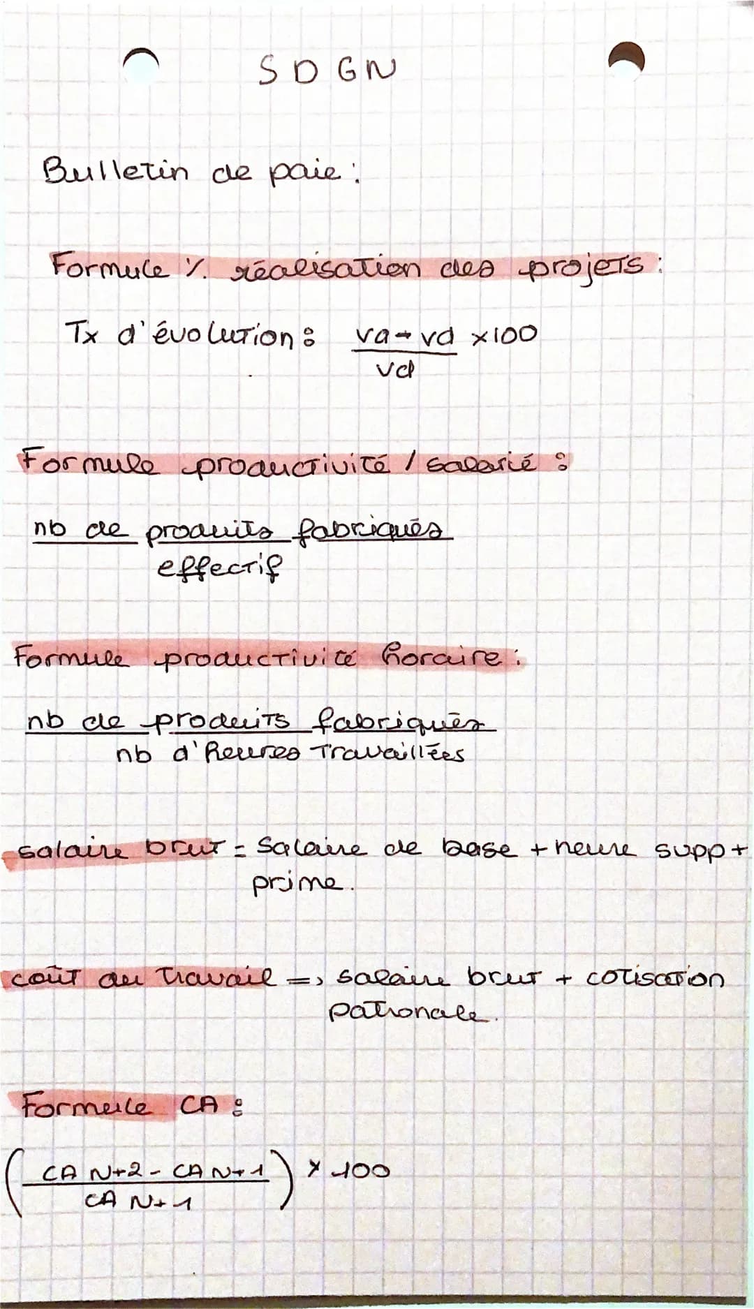 S D G N
Bulletin de paie.
Formule
Tx d'évolution : va va x100
vd
réalisation des projets
Formule productivité / salarié :
no de produits fab