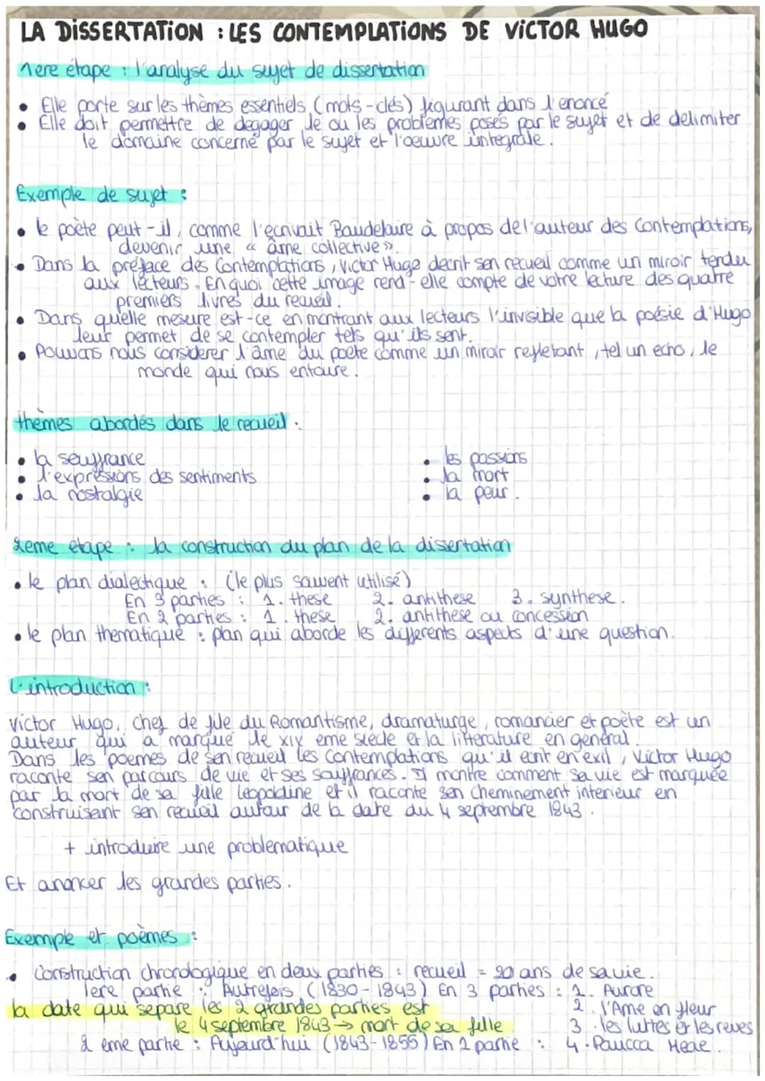 LA DISSERTATION : LES CONTEMPLATIONS DE VICTOR HUGO
nere étape : l'analyse du sujet de dissertation
• Elle porte sur les thèmes essentiels, 