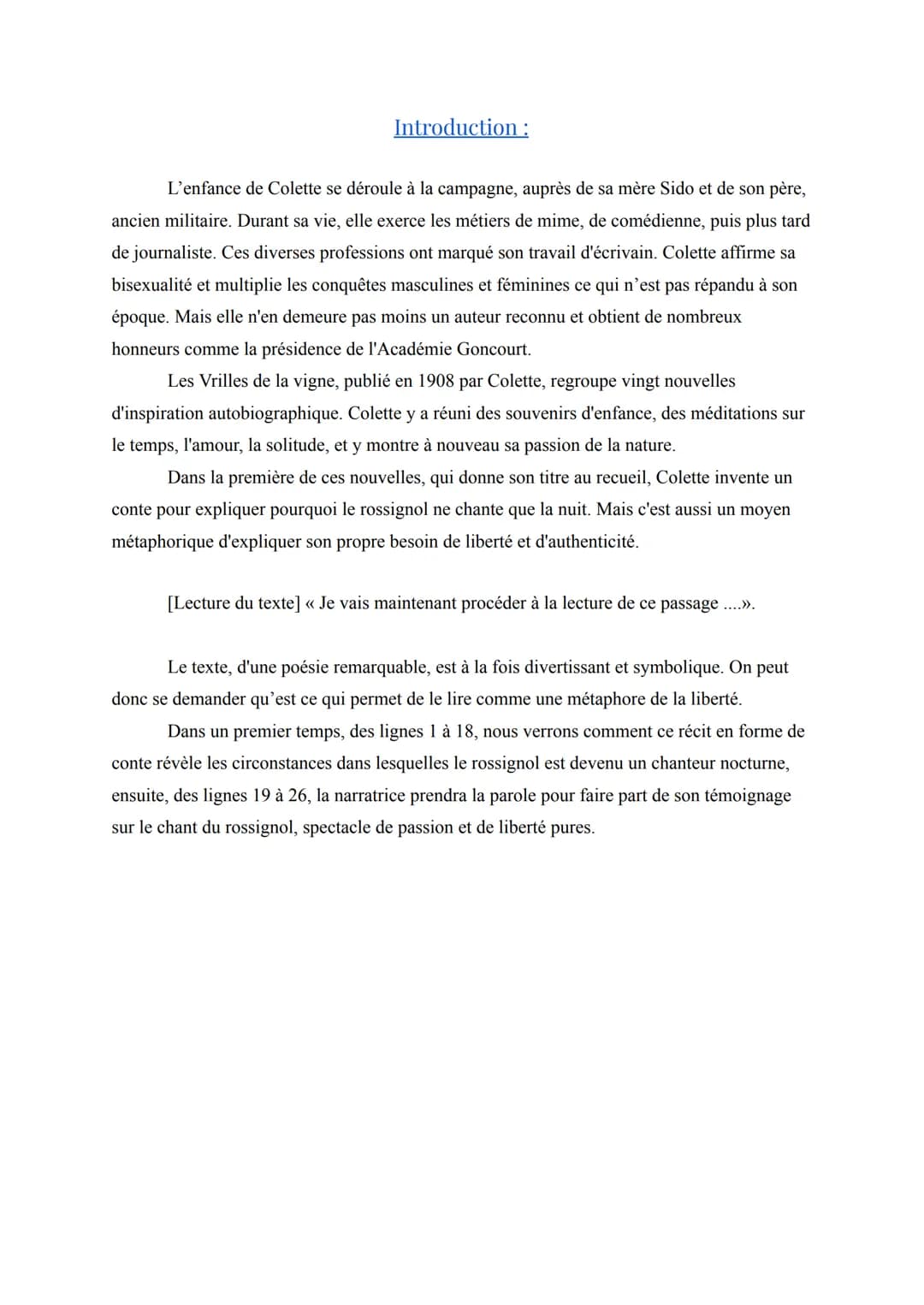 Texte Bac N° 5: Colette, Sido et Les vrilles de la vigne,
“Les vrilles de la vigne” 1908, p. 138-140.
Séquence 2: le romain et récit.
Suppor