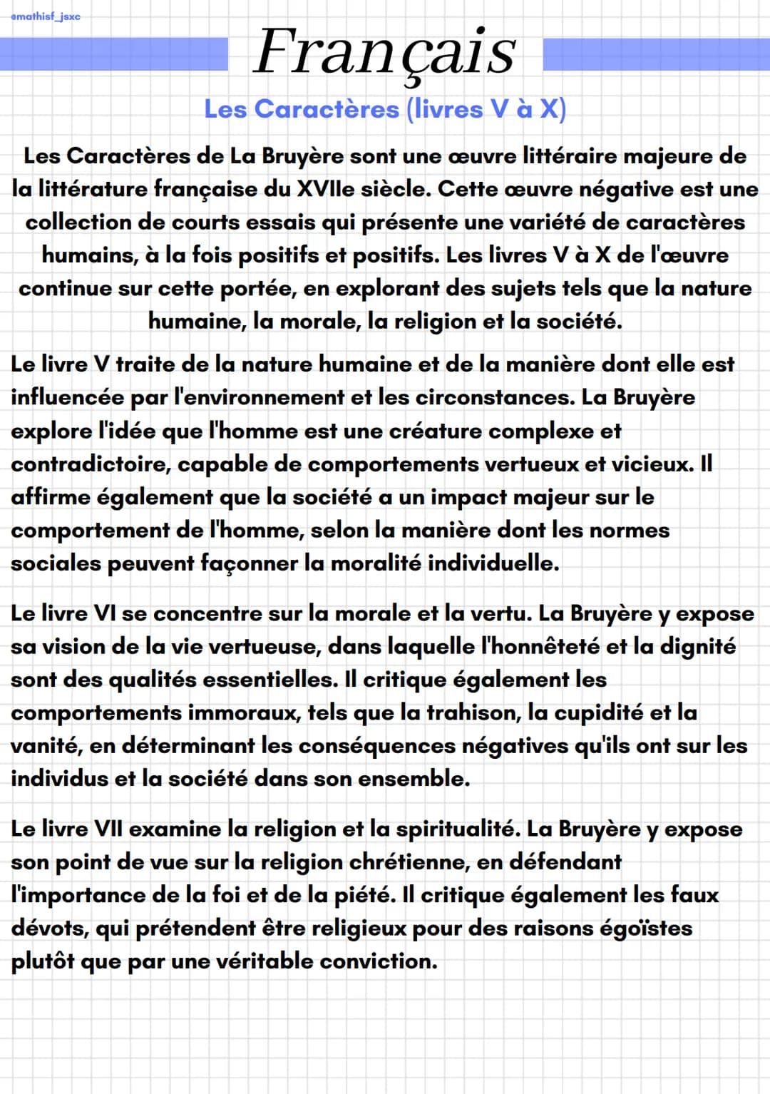 @mathisf_jsxc
Français
Les Caractères (livres V à X)
Les Caractères de La Bruyère sont une œuvre littéraire majeure de
la littérature frança