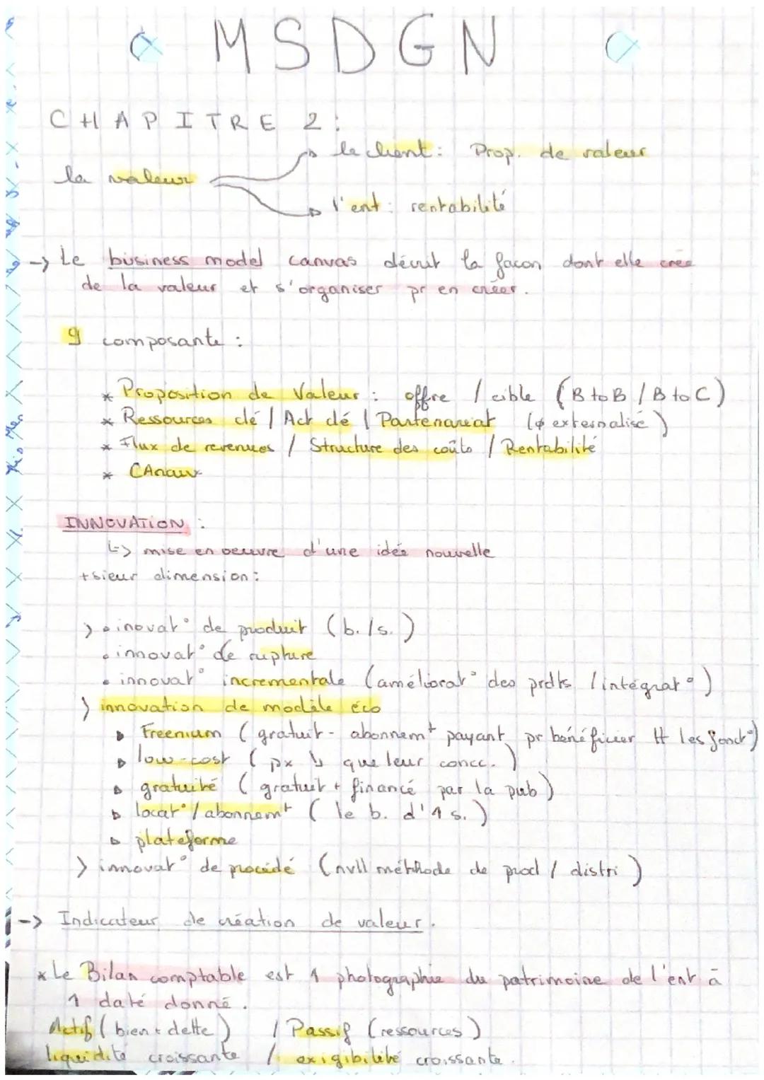✓
↑
& M S D G N
CHAPITRE 2
la valeur
Le business model
Canvas
de la valeur et s'organiser pr en creer.
le client: Prop, de valeur
l'ent: ren