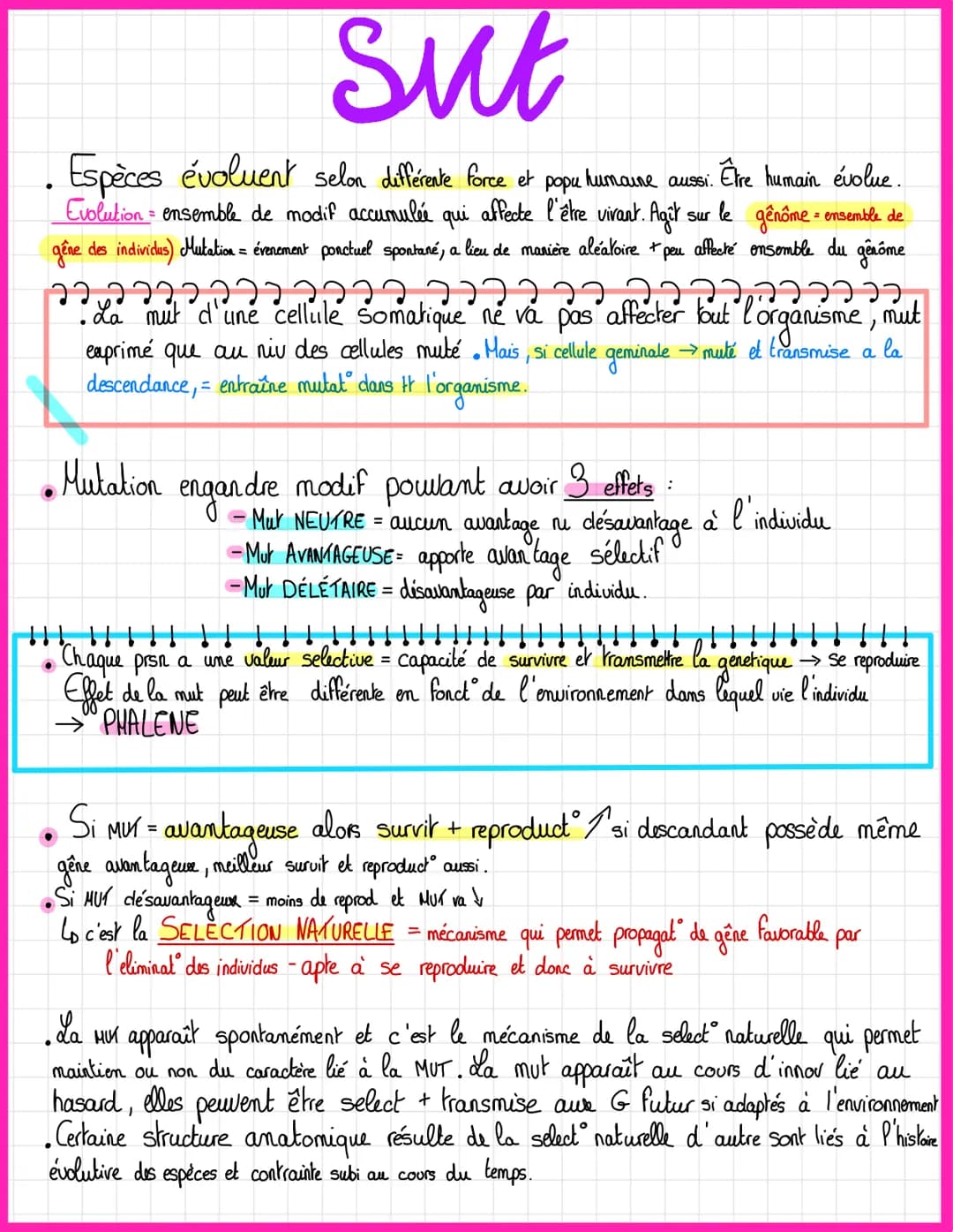 Sut
Espèces évoluent selon différente force et popu humaine aussi. Être humain évolue.
Evolution ensemble de modif accumulée qui affecte l'ê