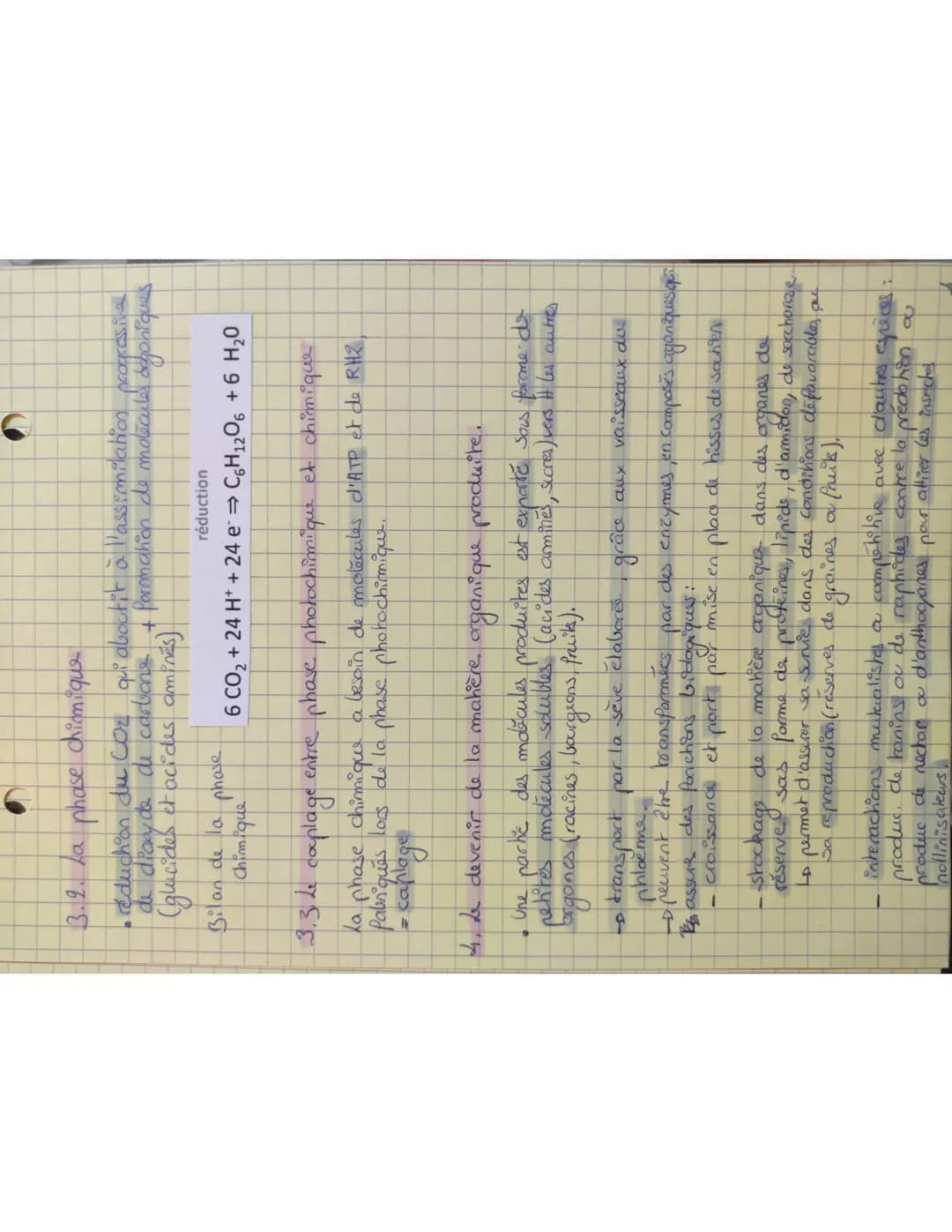 3.2. La
phose
chimique
• reduction du co₂ qui aboutit à l'assimilation proces, ine
de dioxyde de carbone + Pormation de molecule ogoniques
(