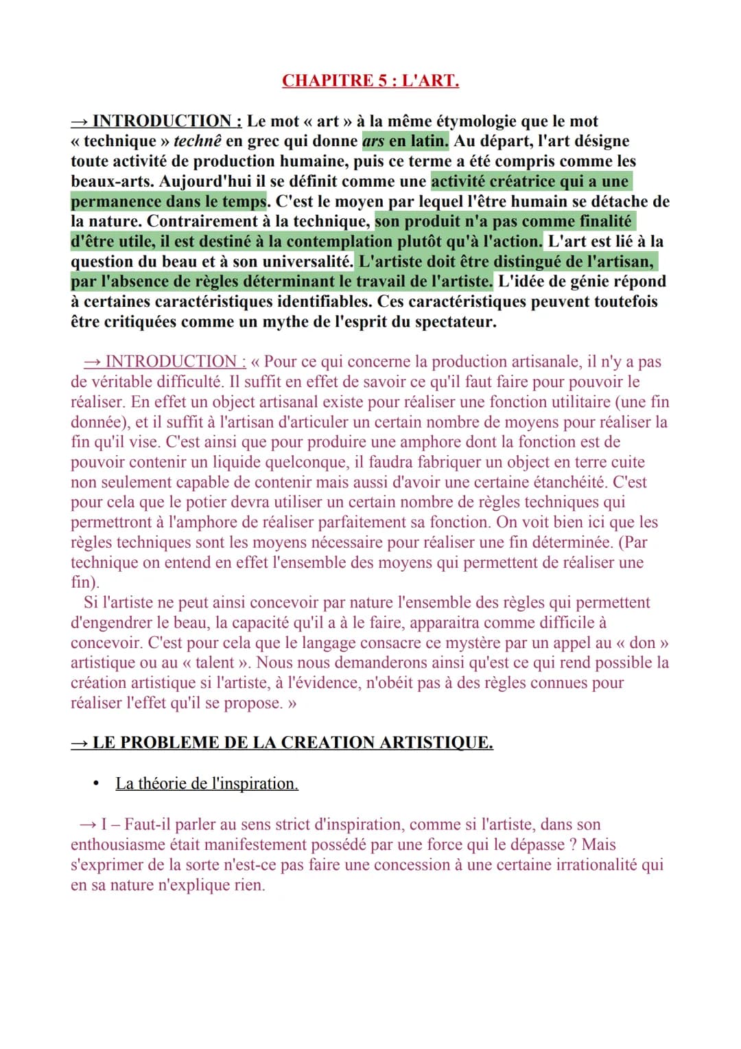 CHAPITRE 5: L'ART.
→ INTRODUCTION : Le mot « art » à la même étymologie que le mot
<< technique » technê en grec qui donne ars en latin. Au 