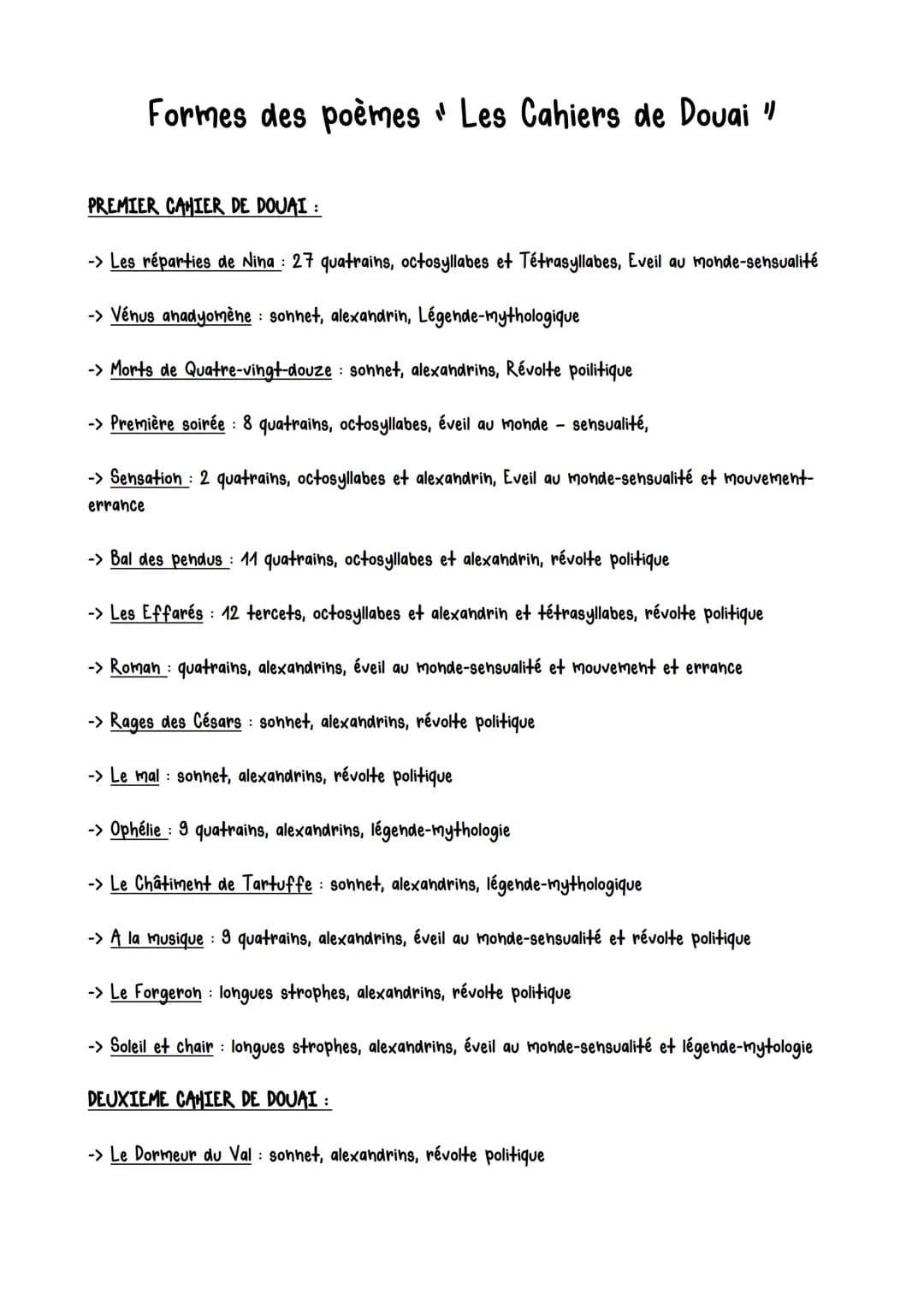 Formes des poèmes Les Cahiers de Douai "
PREMIER CAHIER DE DOUAI :
-> Les réparties de Nina: 27 quatrains, octosyllabes et Tétrasyllabes, Ev