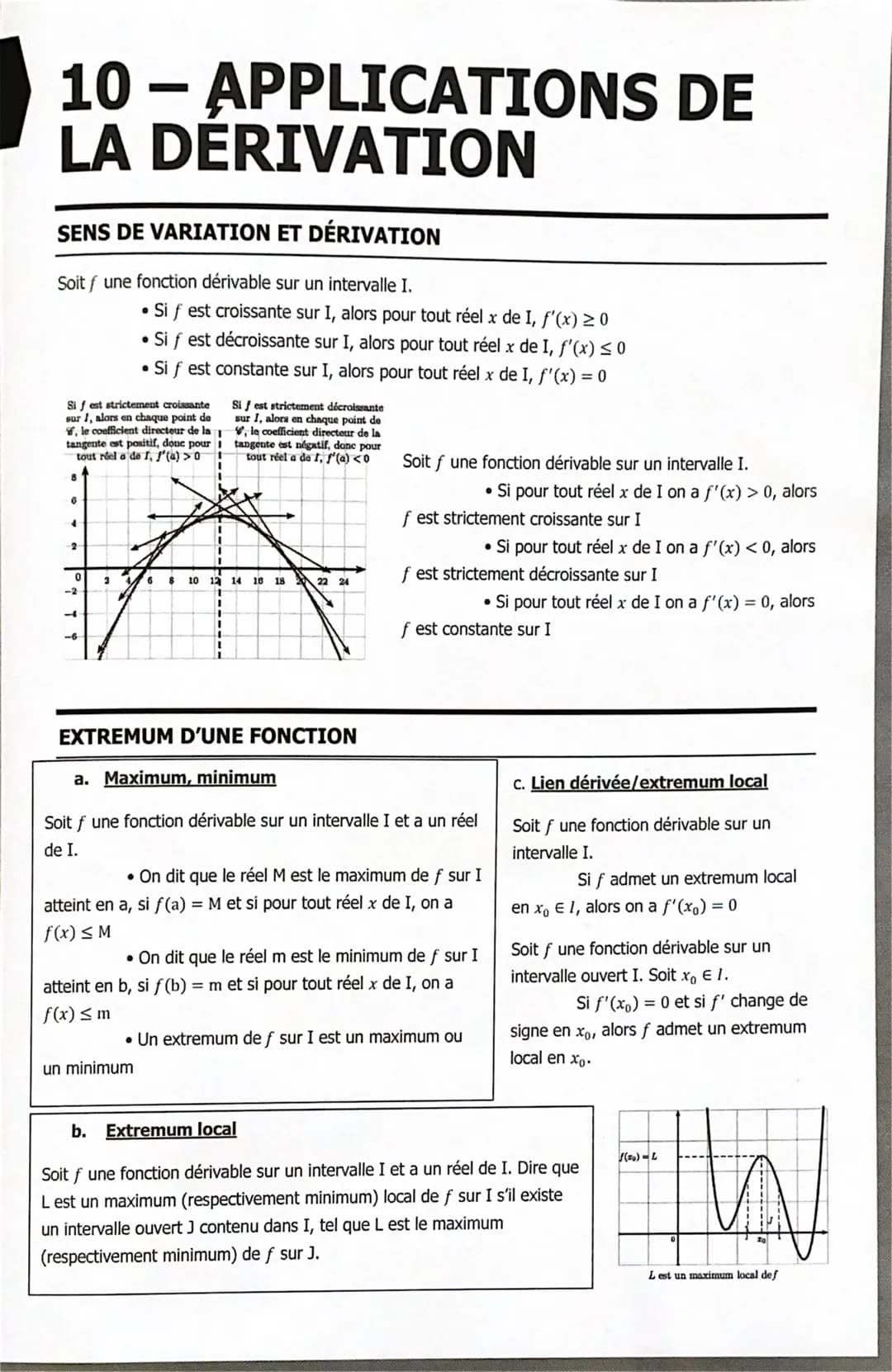 10 - APPLICATIONS DE
LA DERIVATION
SENS DE VARIATION ET DÉRIVATION
Soit f une fonction dérivable sur un intervalle I.
Sif est strictement cr