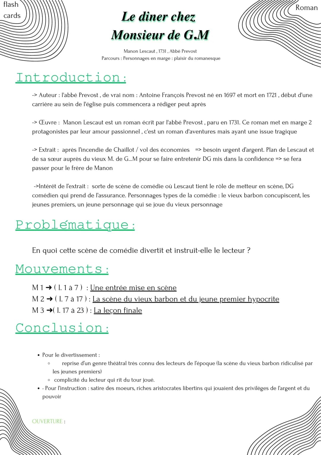 Fiche Mémo de l’étude linéaire : Le dîner chez mr de GM (Manon Lescaut)