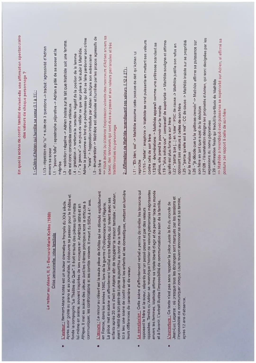 Analyse linéaire Le Retour au désert: Dispute Mathilde et Adrien, Résumé par chapitre