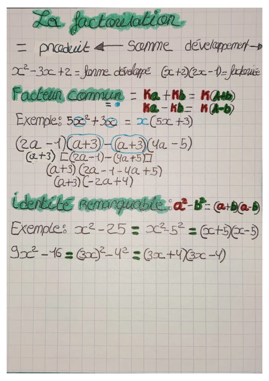 La factoritation
= præeduit 4 Samme développement →
x²-3x + 2 = forme développé (x + 2)(2x-1)= Jackonise
Facteun Commun - Ka+ Kb = K (Atb)
k
