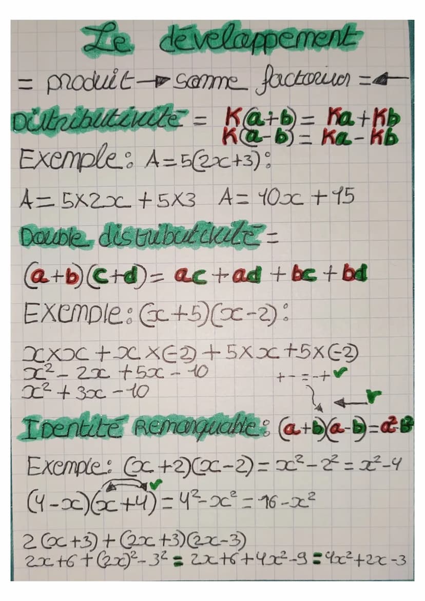 La factoritation
= præeduit 4 Samme développement →
x²-3x + 2 = forme développé (x + 2)(2x-1)= Jackonise
Facteun Commun - Ka+ Kb = K (Atb)
k