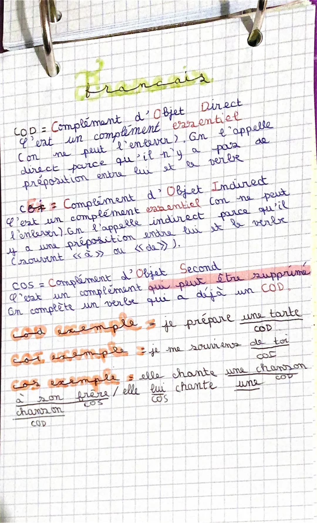 منممممين
COD= Complément d'Objet Direct
I'est un complément essentiel
Con
ne peut l'entever). Gm e 'appelle
direct parce qu'il n'y a pas
pré