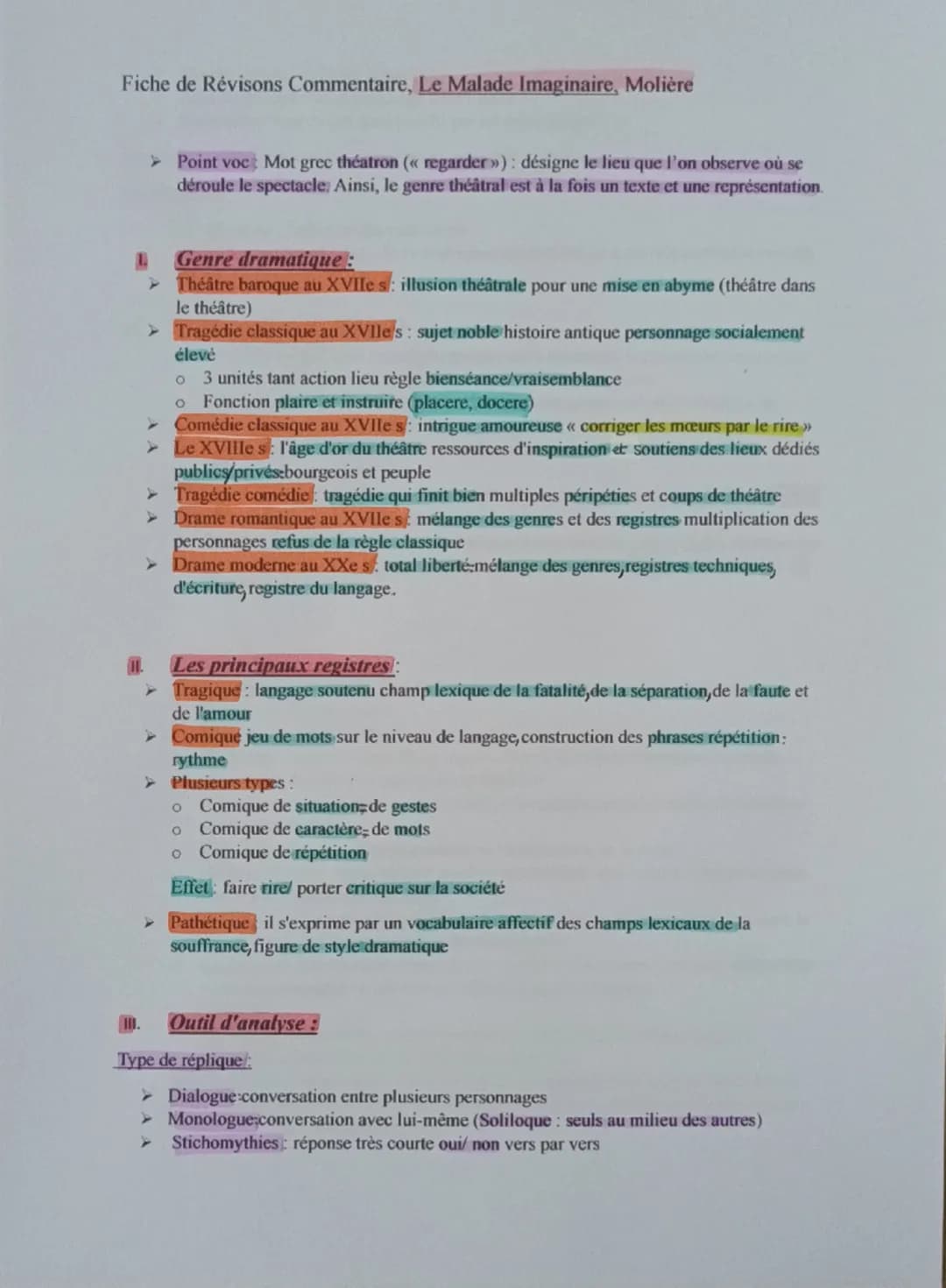 Fiche de Révisons Commentaire, Le Malade Imaginaire, Molière
➤ Point voc Mot grec théatron (<< regarder»): désigne le lieu que l'on observe 