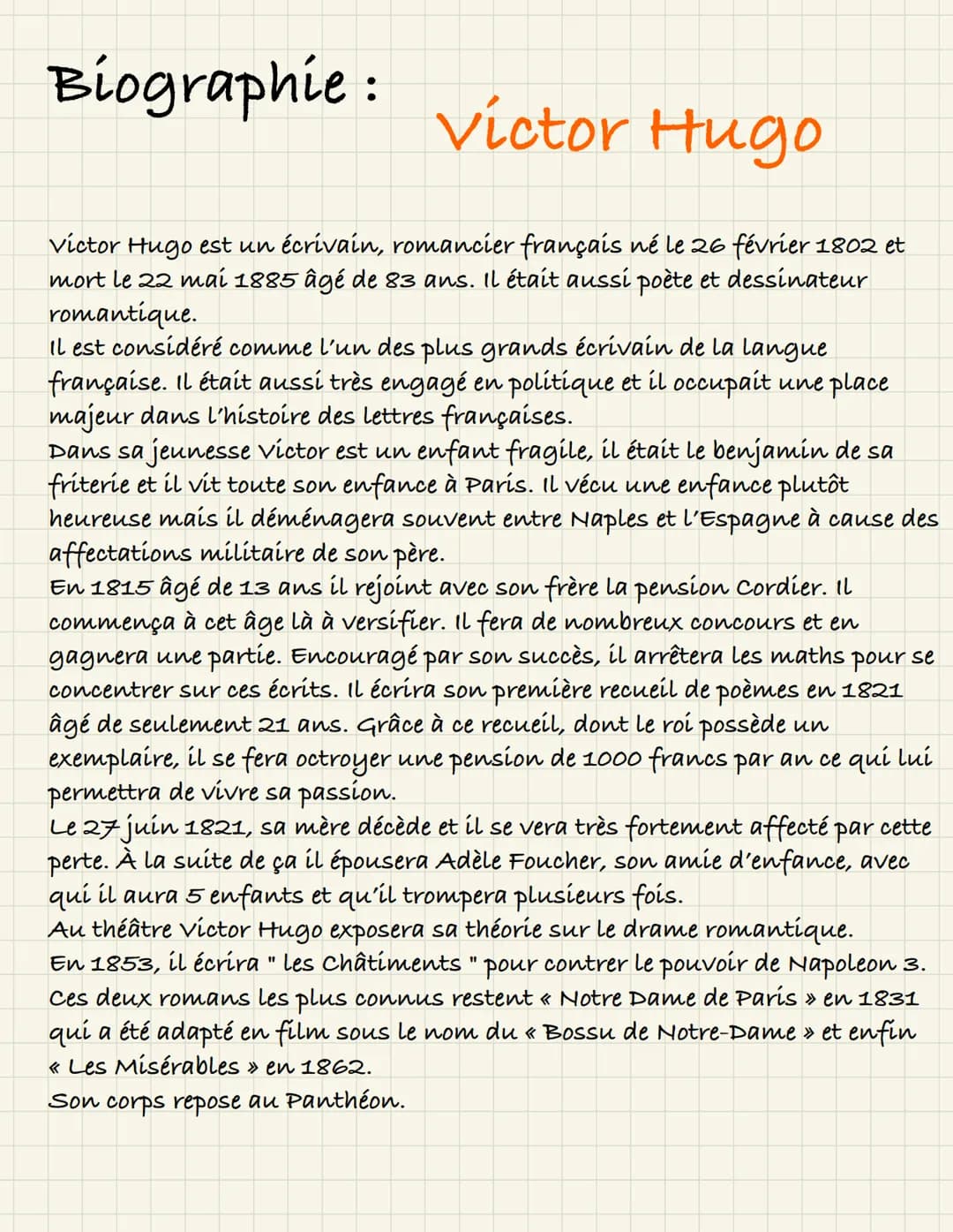 Biographie: Victor Hugo
Víctor Hugo est un écrivain, romancier français né le 26 février 1802 et
mort le 22 mai 1885 âgé de 83 ans. Il était