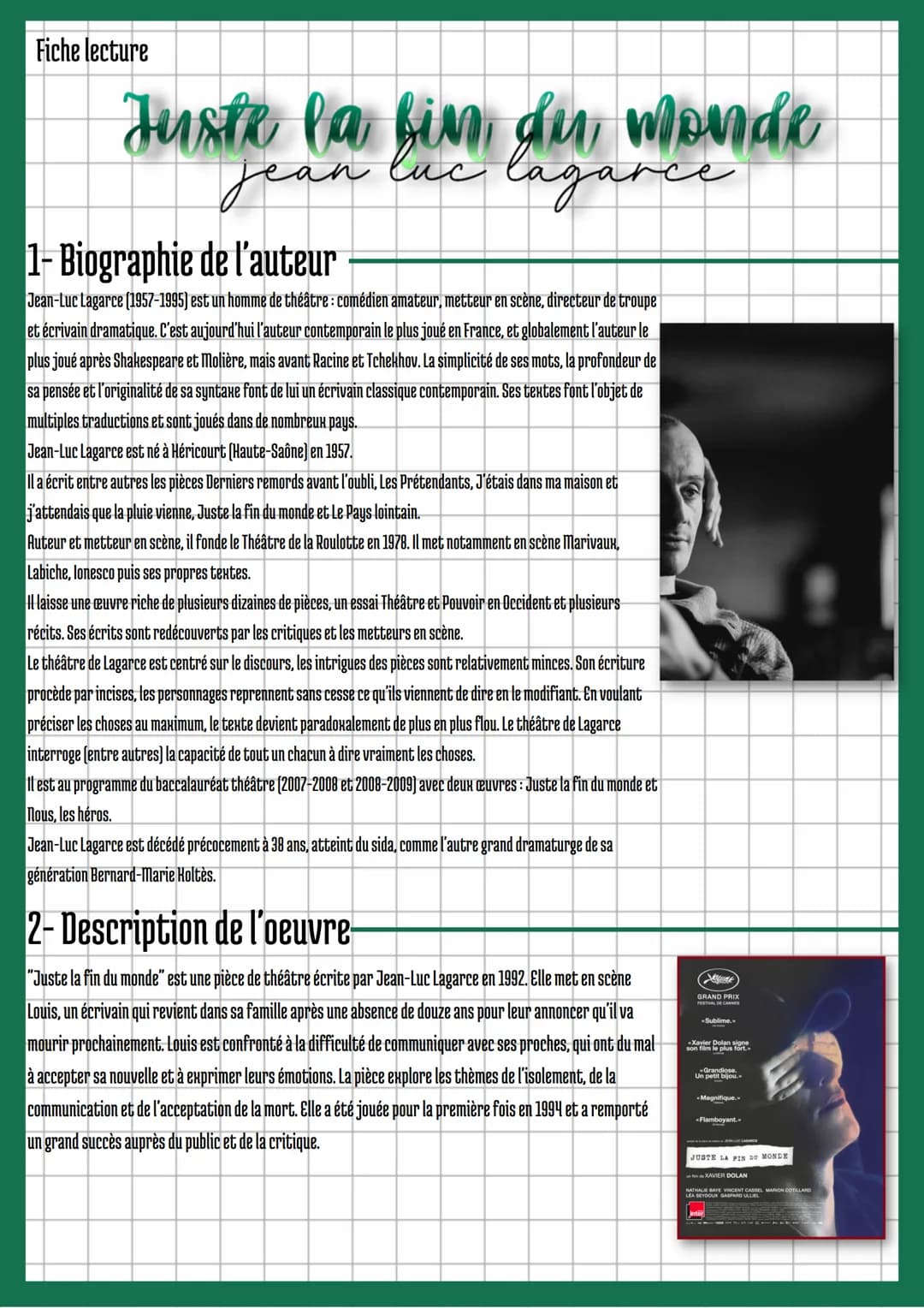 Fiche lecture
Juste la fin du monde
Jean
luc lagarce
1- Biographie de l'auteur
Jean-Luc Lagarce (1957-1995) est un homme de théâtre : comédi