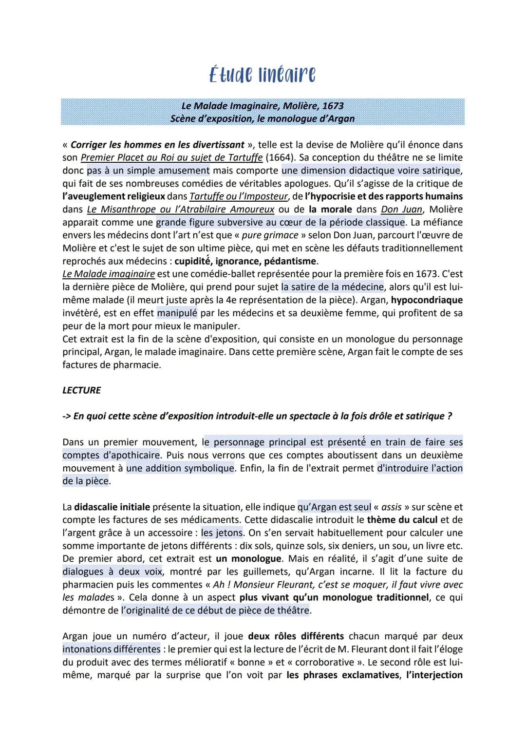 Analyse linéaire du Malade imaginaire : Acte 1 scène 1, 2 et 5 en PDF
