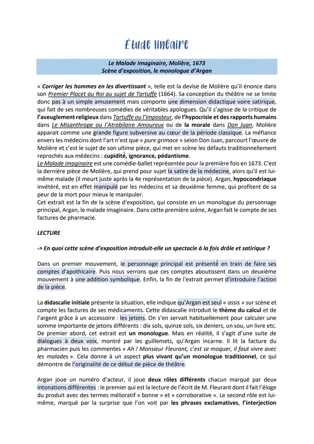 Étude linéaire
Le Malade Imaginaire, Molière, 1673
Scène d'exposition, le monologue d'Argan
<< Corriger les hommes en les divertissant », te