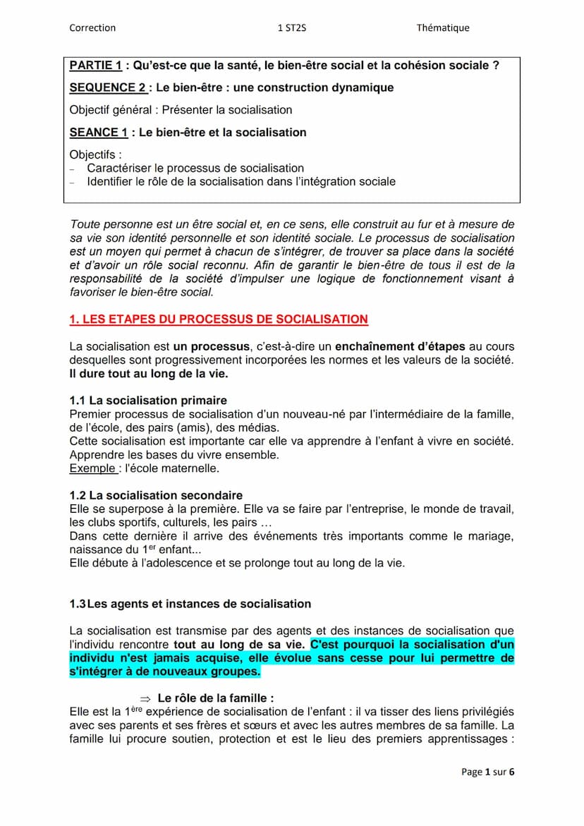 Correction
1ère ST2S
PARTIE 1: Qu'est-ce que la santé, le bien-être social et la cohésion sociale ?
SEQUENCE 1: De la santé des individus à 