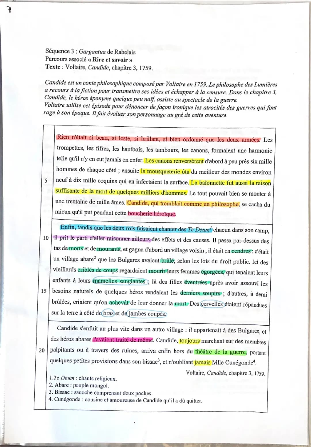 Séquence 3: Gargantua de Rabelais
Parcours associé «< Rire et savoir >>
Texte Voltaire, Candide, chapitre 3, 1759.
Candide est un conte phil