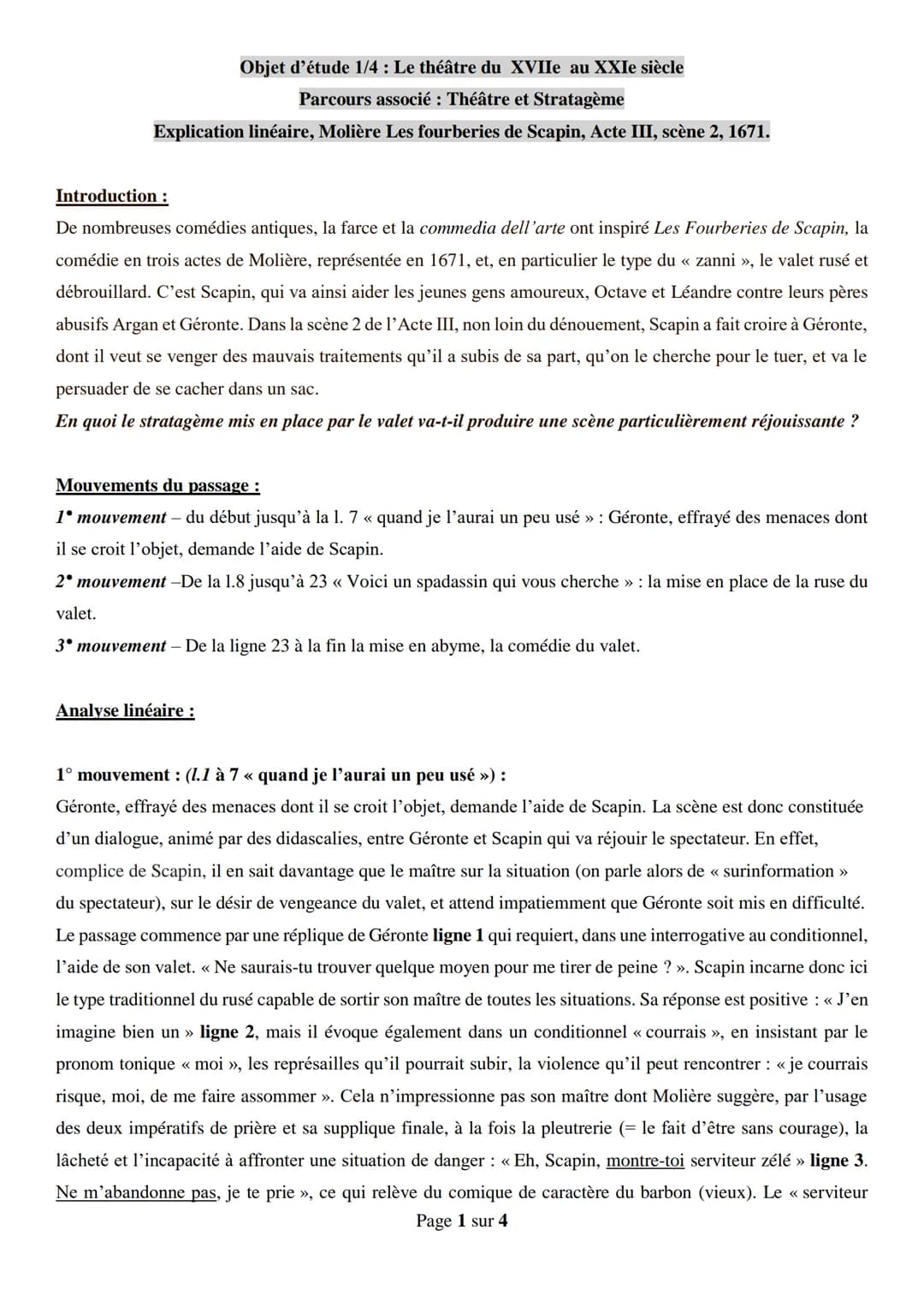 Objet d'étude 1/4 : Le théâtre du XVIIe au XXIe siècle
Parcours associé : Théâtre et Stratagème
Explication linéaire, Molière Les fourberies