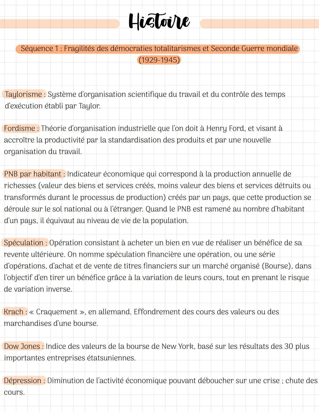 Histoire
Séquence 1: Fragilités des démocraties totalitarismes et Seconde Guerre mondiale
(1929-1945)
Taylorisme : Système d'organisation sc