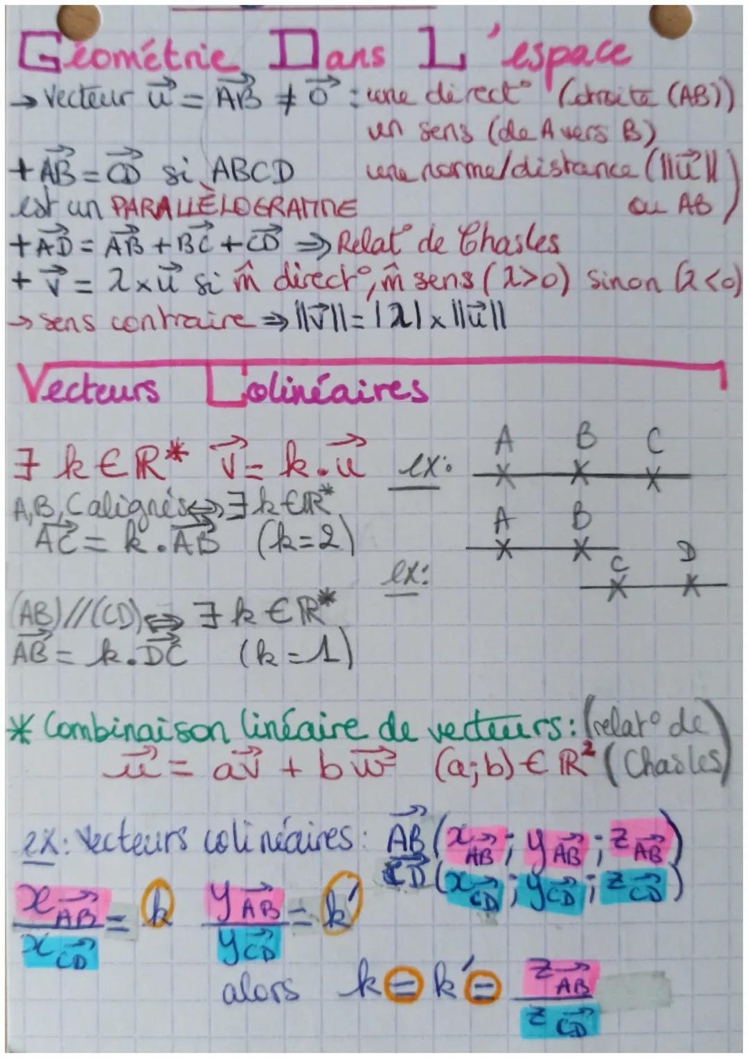 Geométrie Dans I espace
Vecteur u = AB #0²: une direct" (droite (AB))
un sens (de A vers B)
Lene norme/distance (1101)
ou AB /
+AB=CD si A B